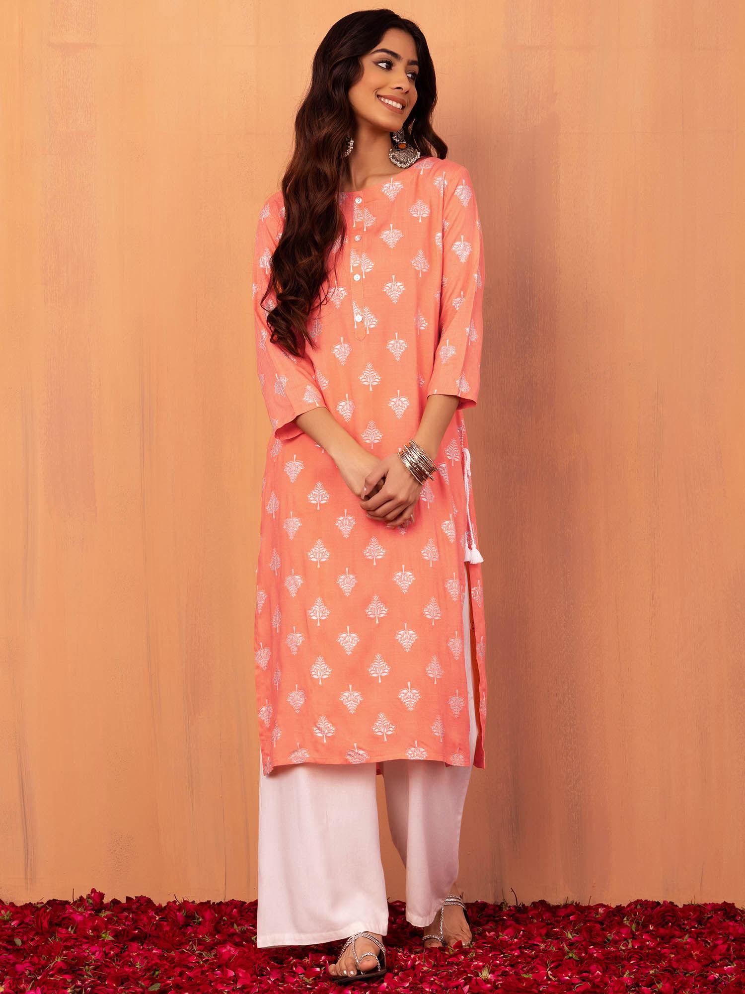 orange foil print rayon straight kurta