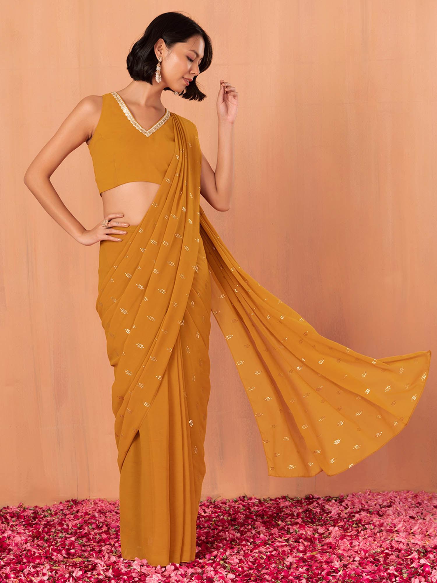 orange foil print ready to wear saree with stitched blouse