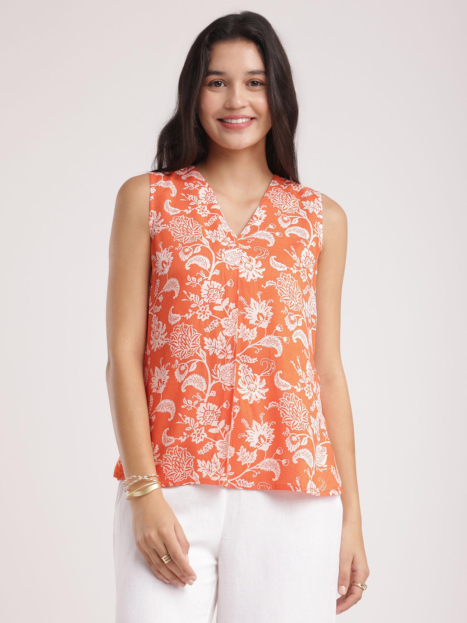 orange front pleat detail top