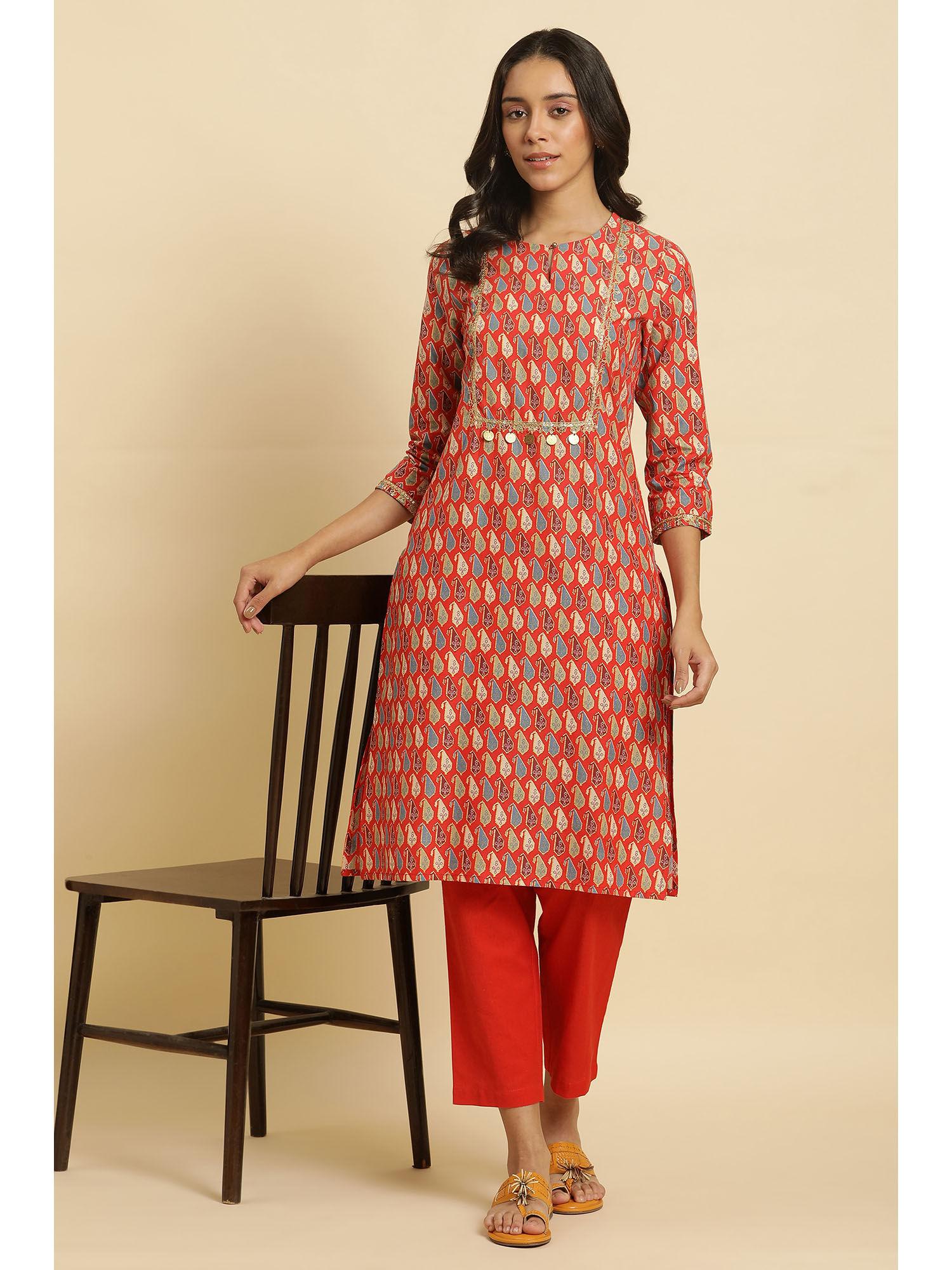 orange geometric keyhole neck viscose kurta