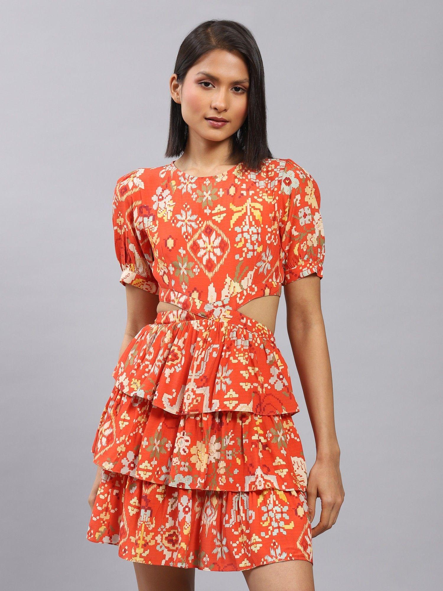 orange geometric print short dress with cut outs