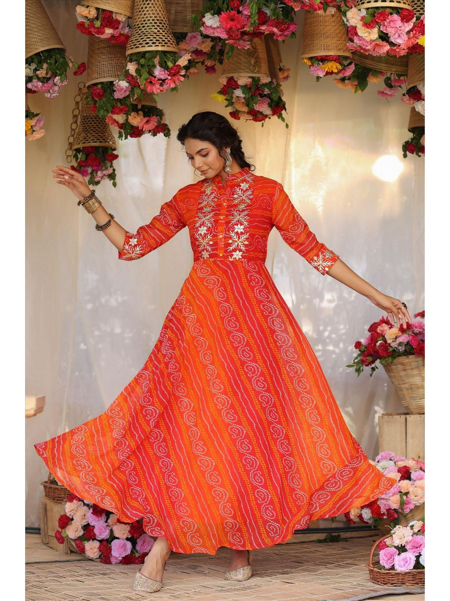 orange georgette bandhani gota asymmetric pleated anarkali