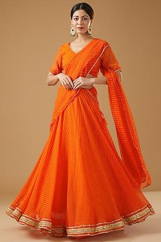 orange georgette bandhani printed lehenga set