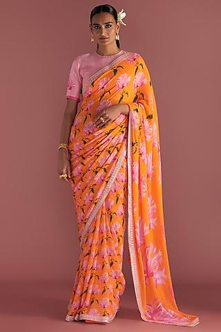 orange georgette embroidered & printed saree set