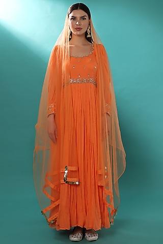 orange georgette embroidered anarkali set