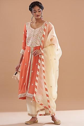 orange georgette embroidered kurta set