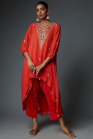 orange georgette embroidered tunic set