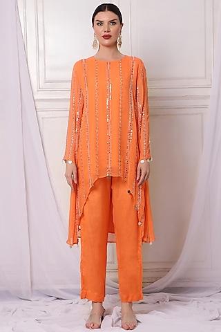 orange georgette embroidered tunic set