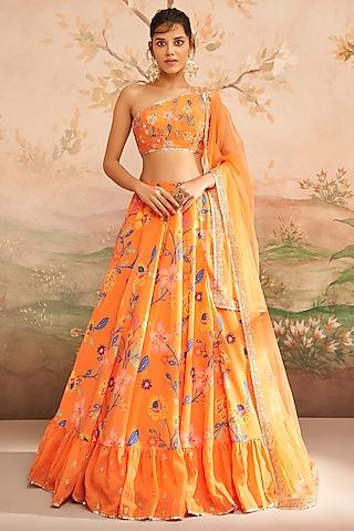 orange georgette floral printed lehenga set