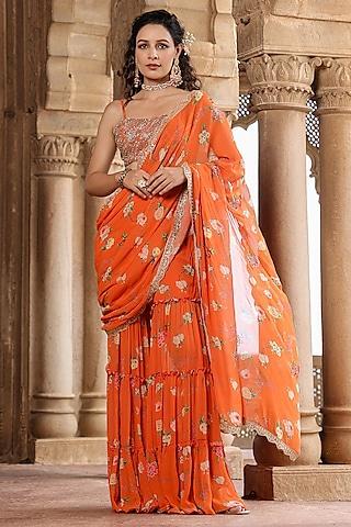 orange georgette floral printed pre-draped sharara saree set
