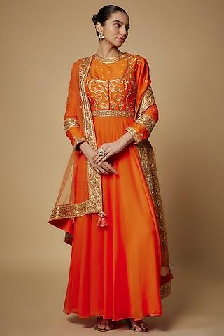 orange georgette hand embroidered kalidar anarkali set