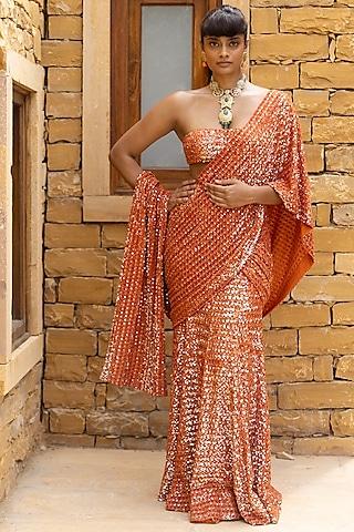 orange georgette hand embroidered saree set