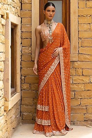 orange georgette hand embroidered tiered saree set