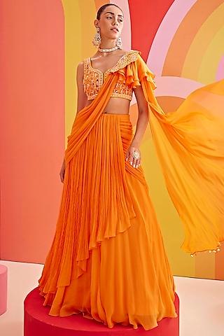 orange georgette layered draped saree set