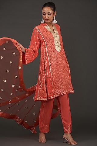 orange georgette mukaish embroidered kurta set