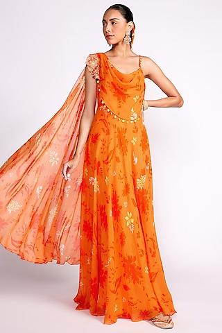 orange georgette printed draped anarkali