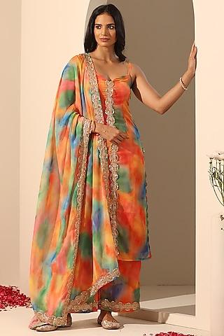 orange georgette printed kurta set