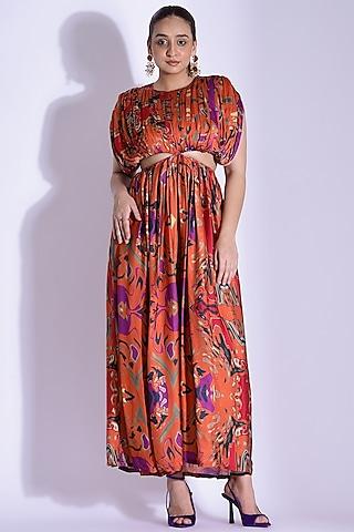 orange georgette satin digital printed hand draped kaftan gown