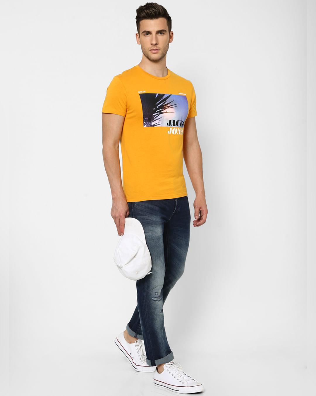 orange graphic print crew neck t-shirt