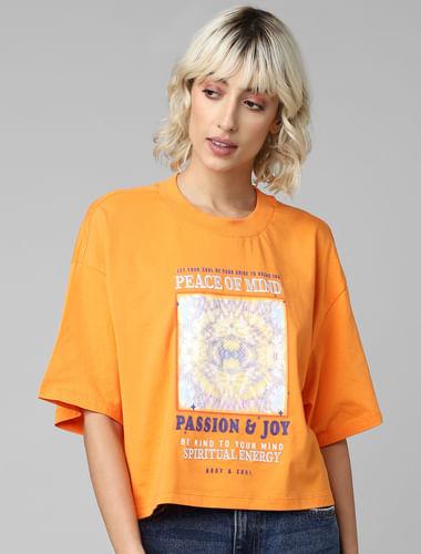 orange graphic print cropped t-shirt