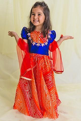 orange hand embroidered bandhani lehenga set for girls