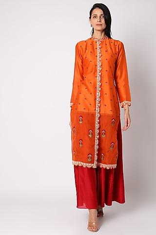 orange hand embroidered jacket kurta set