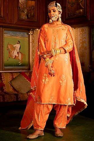 orange hand embroidered kurta set