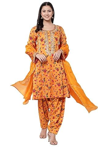 orange hand embroidered kurta set