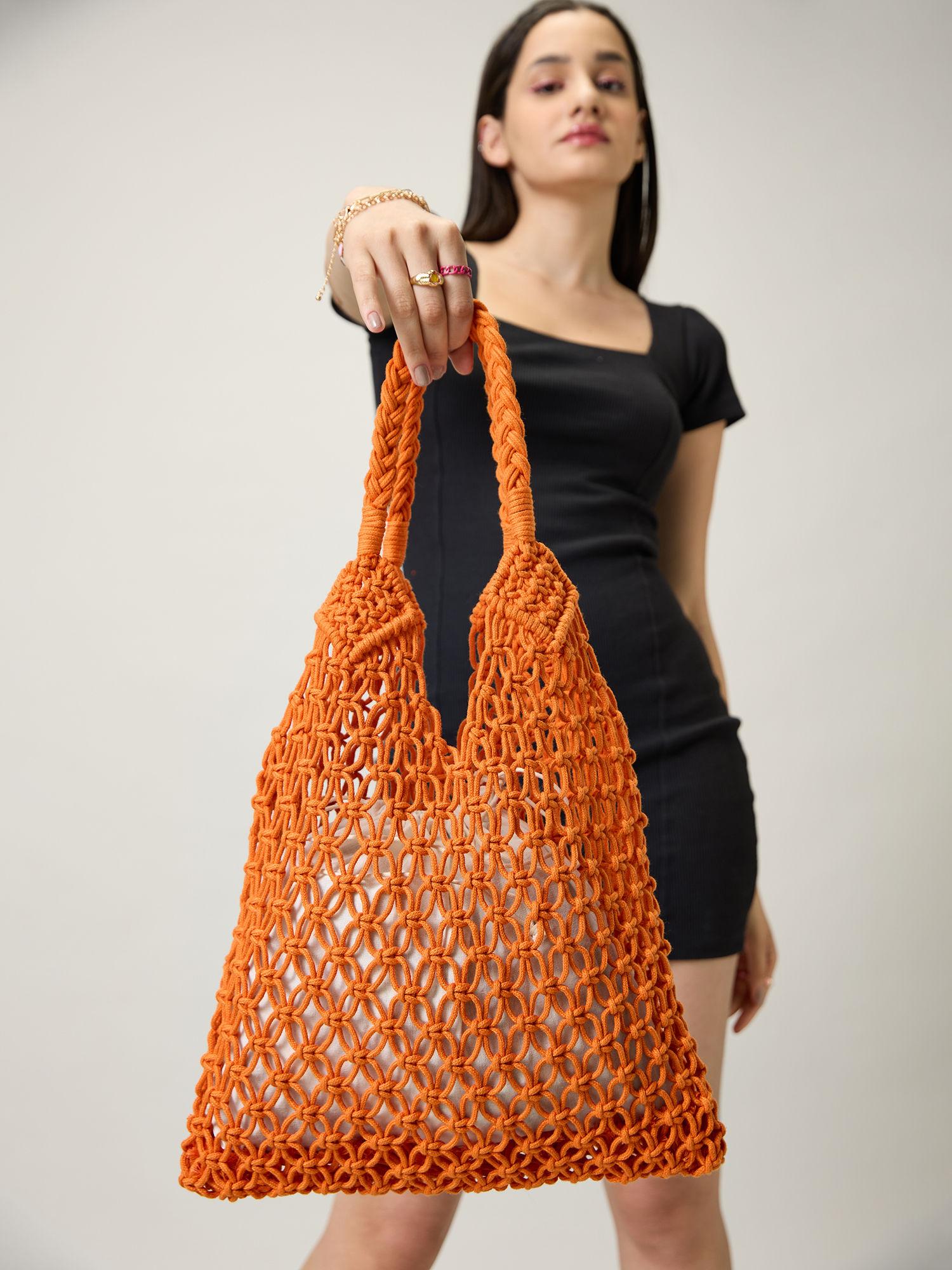 orange hand knitted shoulder bag