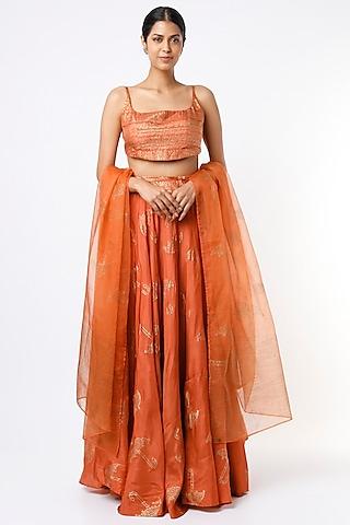 orange hand painted lehenga set