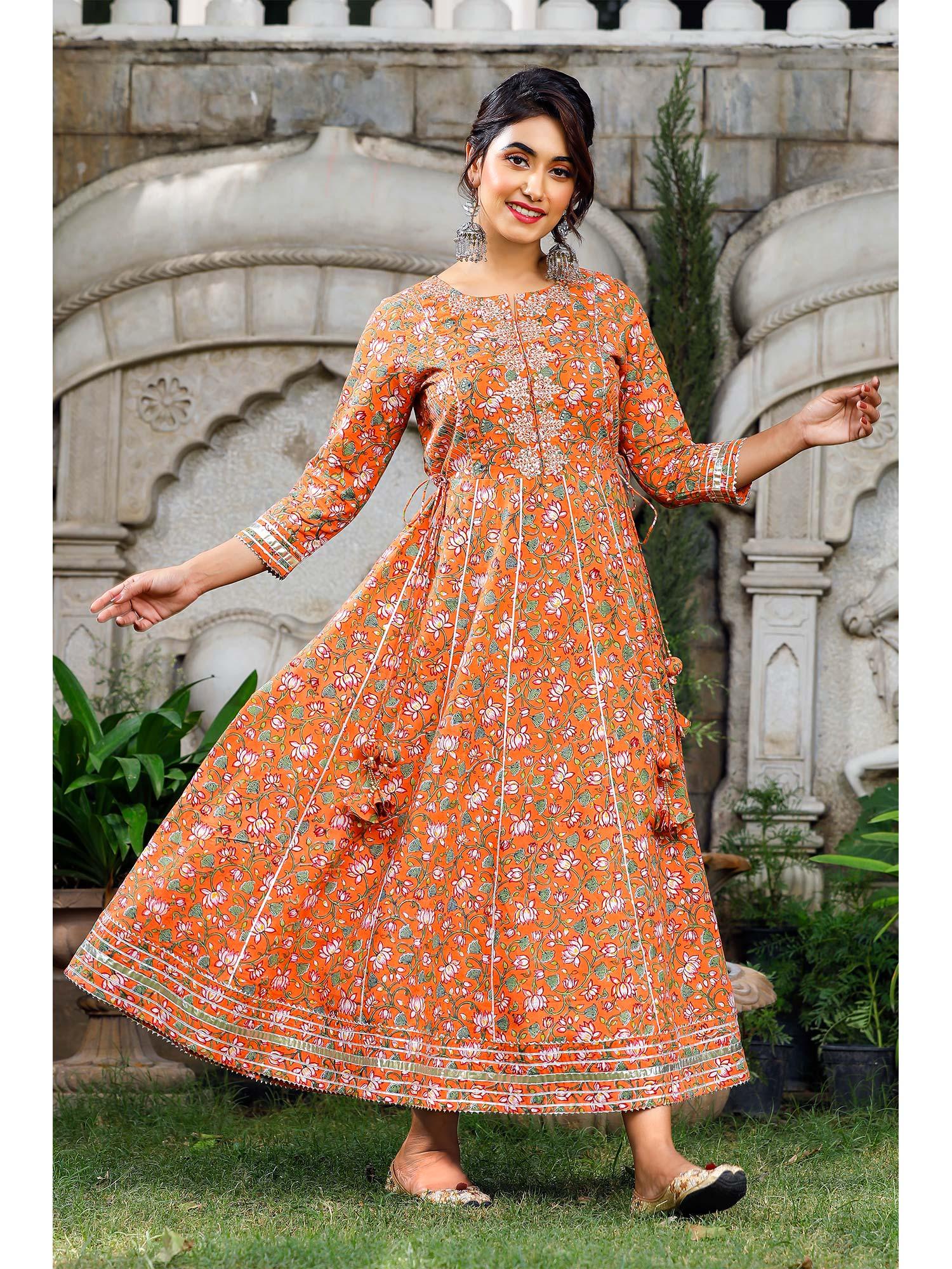 orange handblock printed yoke embroidered ethnic dress with gota embellished