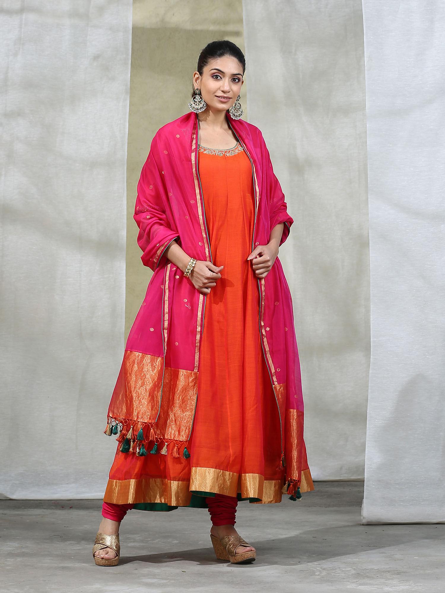 orange handloom anarkali with churidar and embroidered dupatta (set of 3)