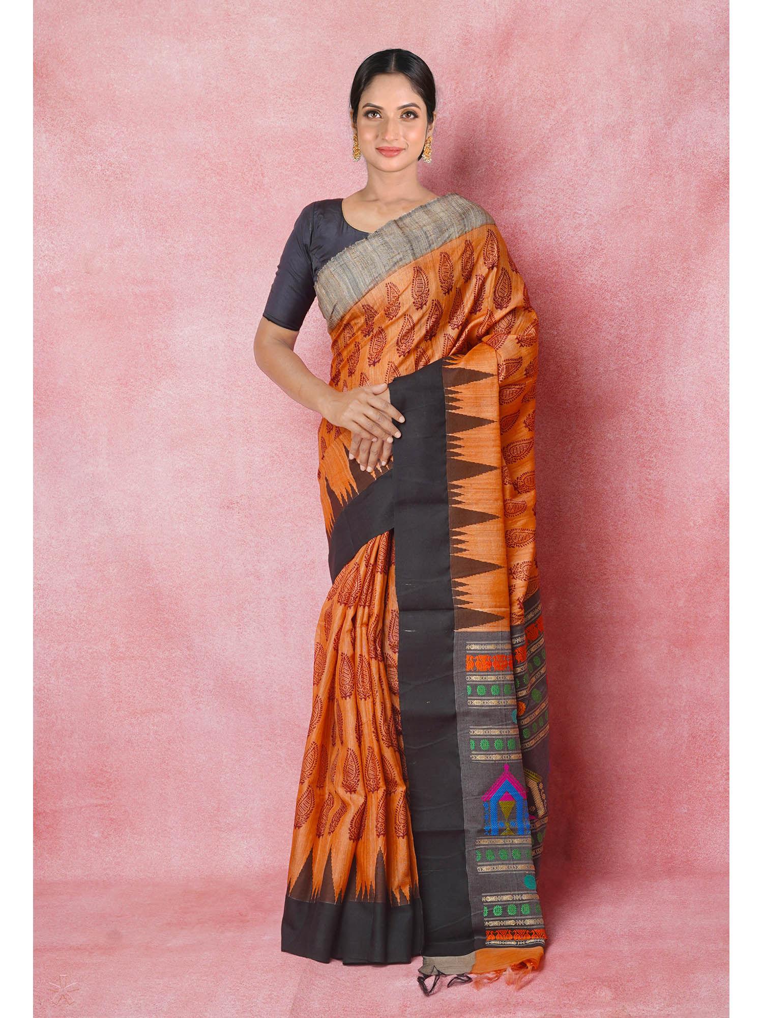 orange handloom hand block printed vidarbha tussar silk saree with unstitched blouse