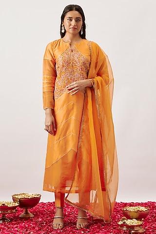 orange handwoven chanderi & zari organza cutdana embroidered kurta set