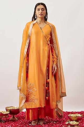 orange handwoven chanderi zari dori embroidered angrakha kurta set