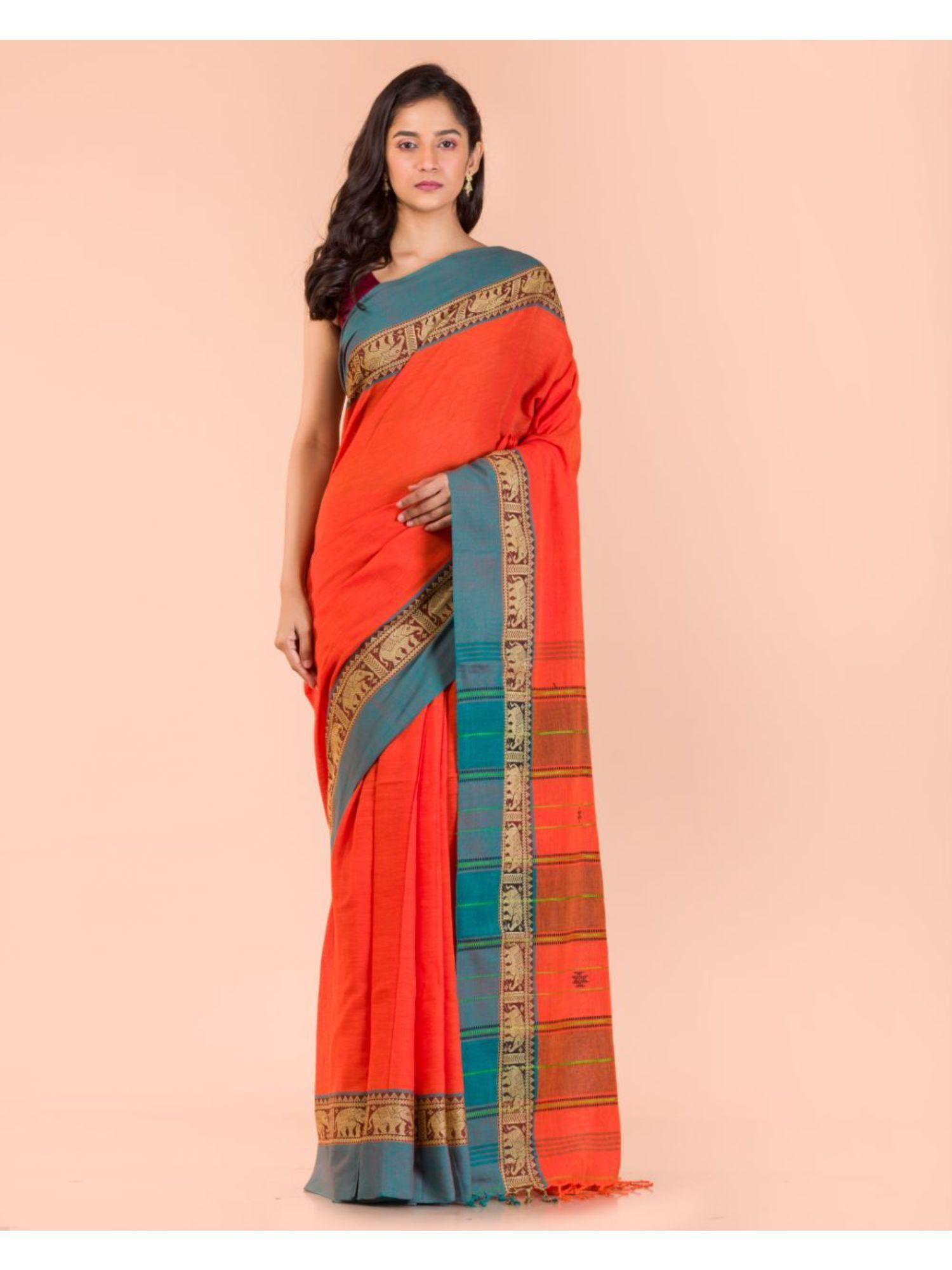 orange handwoven cotton saree with unstitched blouse