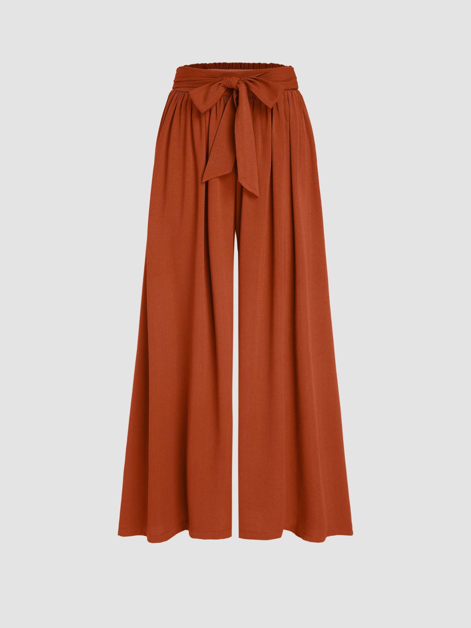 orange high rise bowknot shirred wide leg trouser