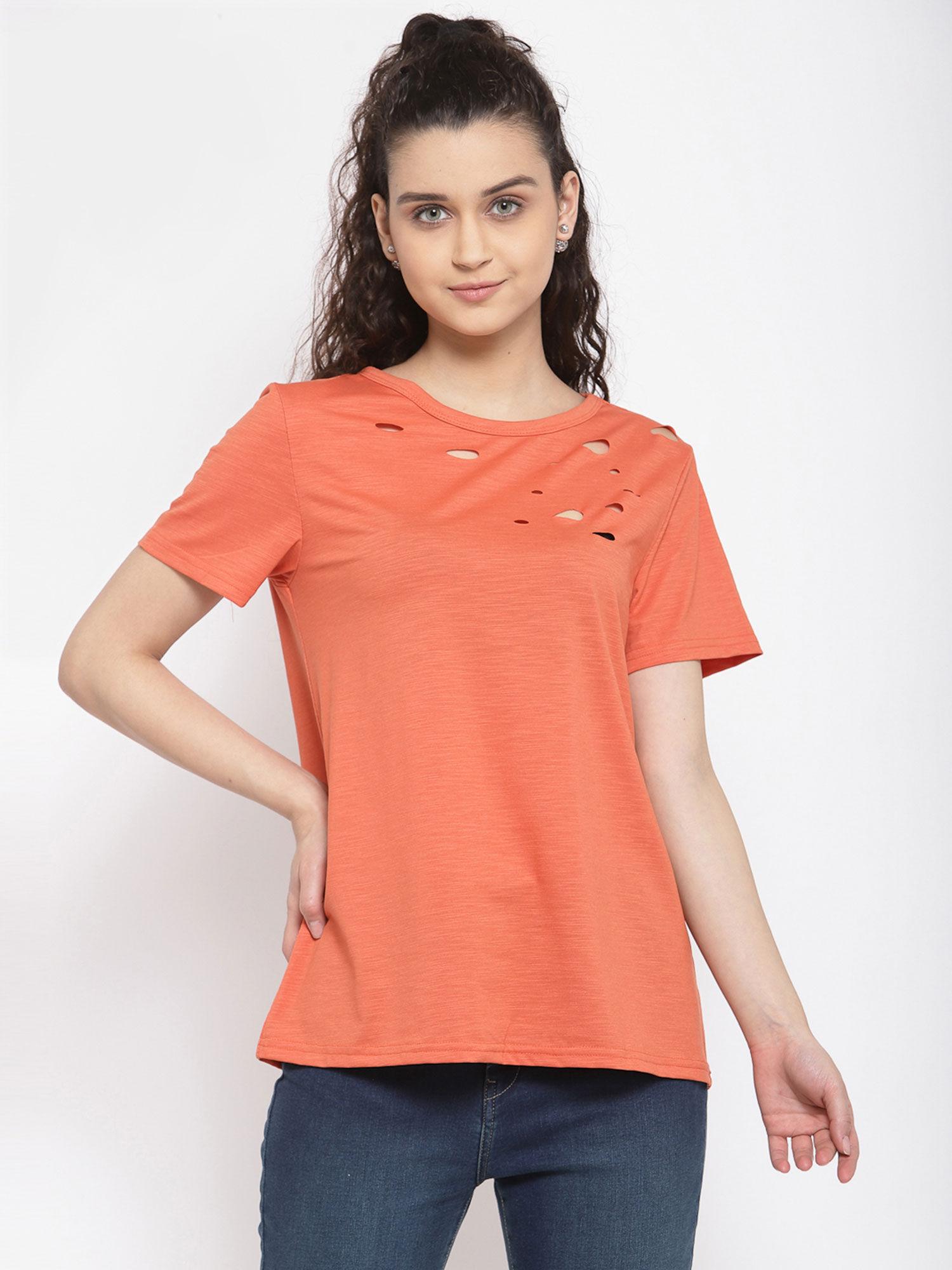 orange holes crew neck cotton mixed t-shirt