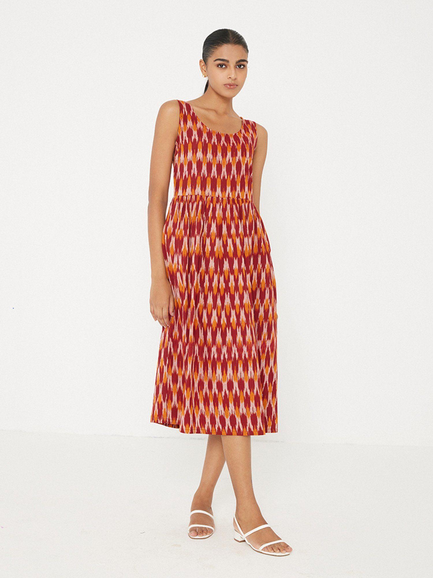 orange ikat print midi dress