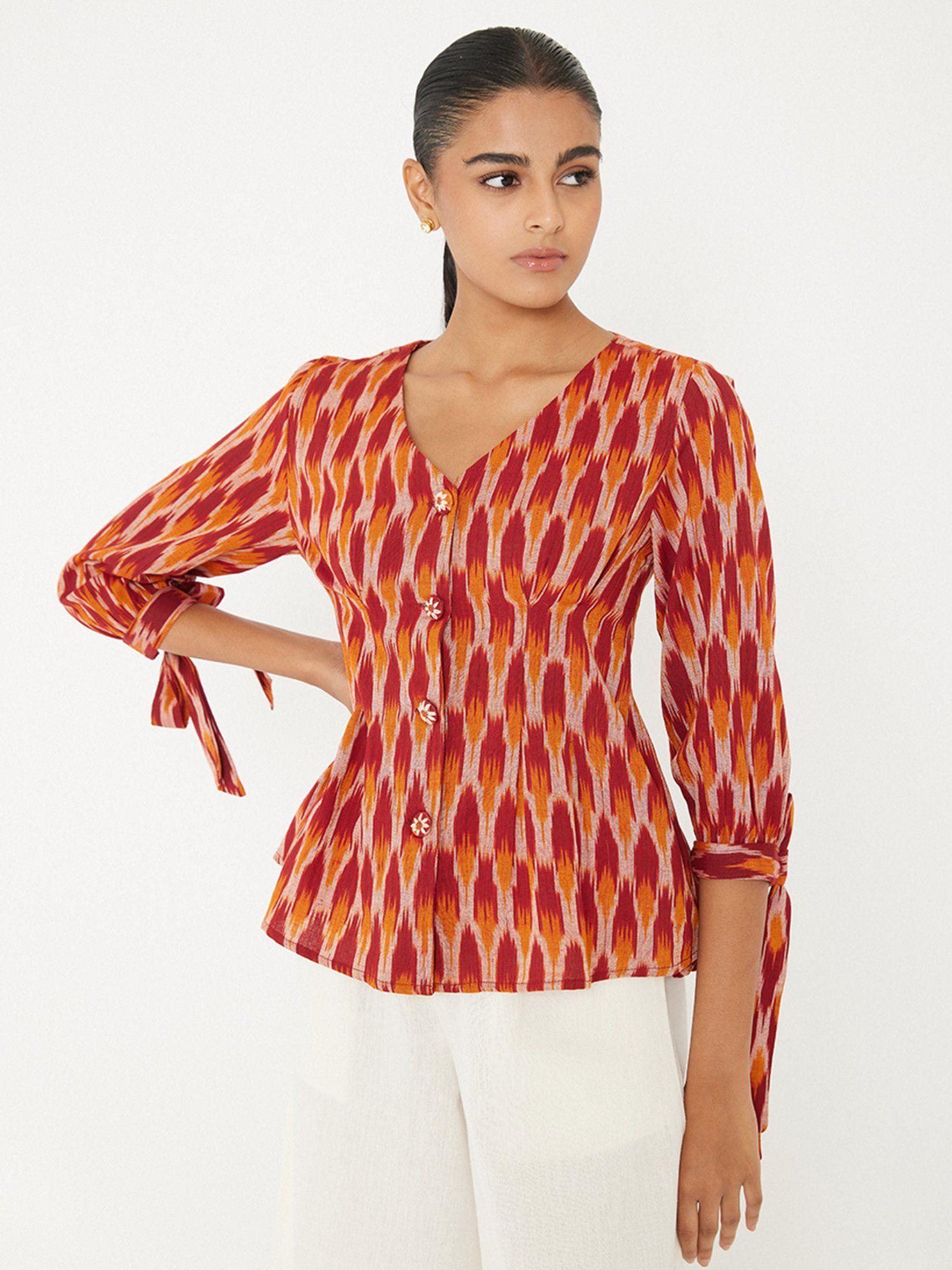 orange ikat print top