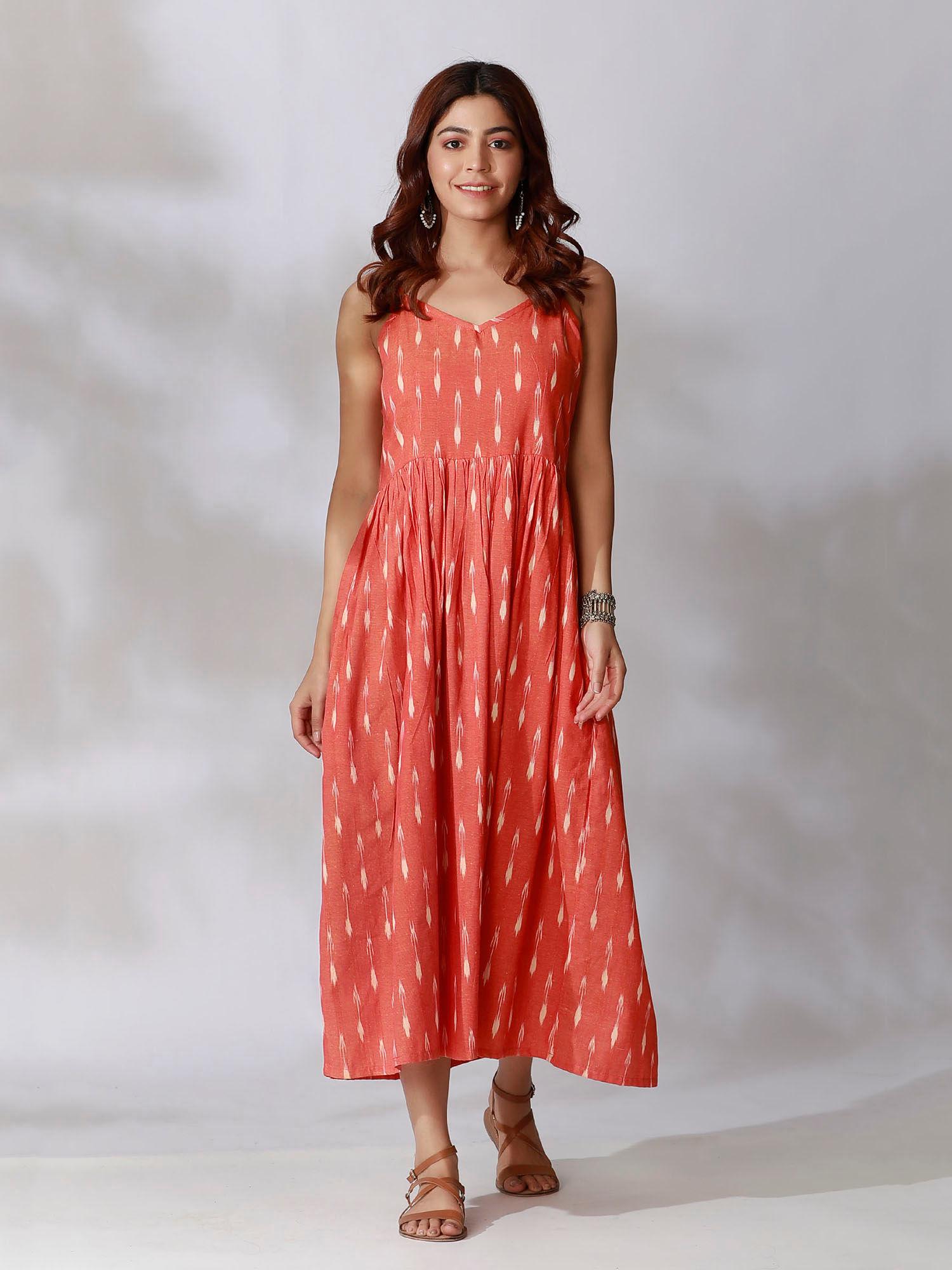 orange ikkat gathered slip dress