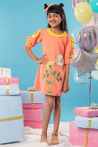 orange imported crepe floral embroidered frilled dress for girls