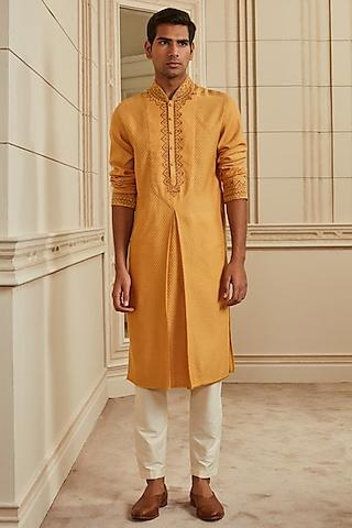 orange jacquard embroidered kurta set