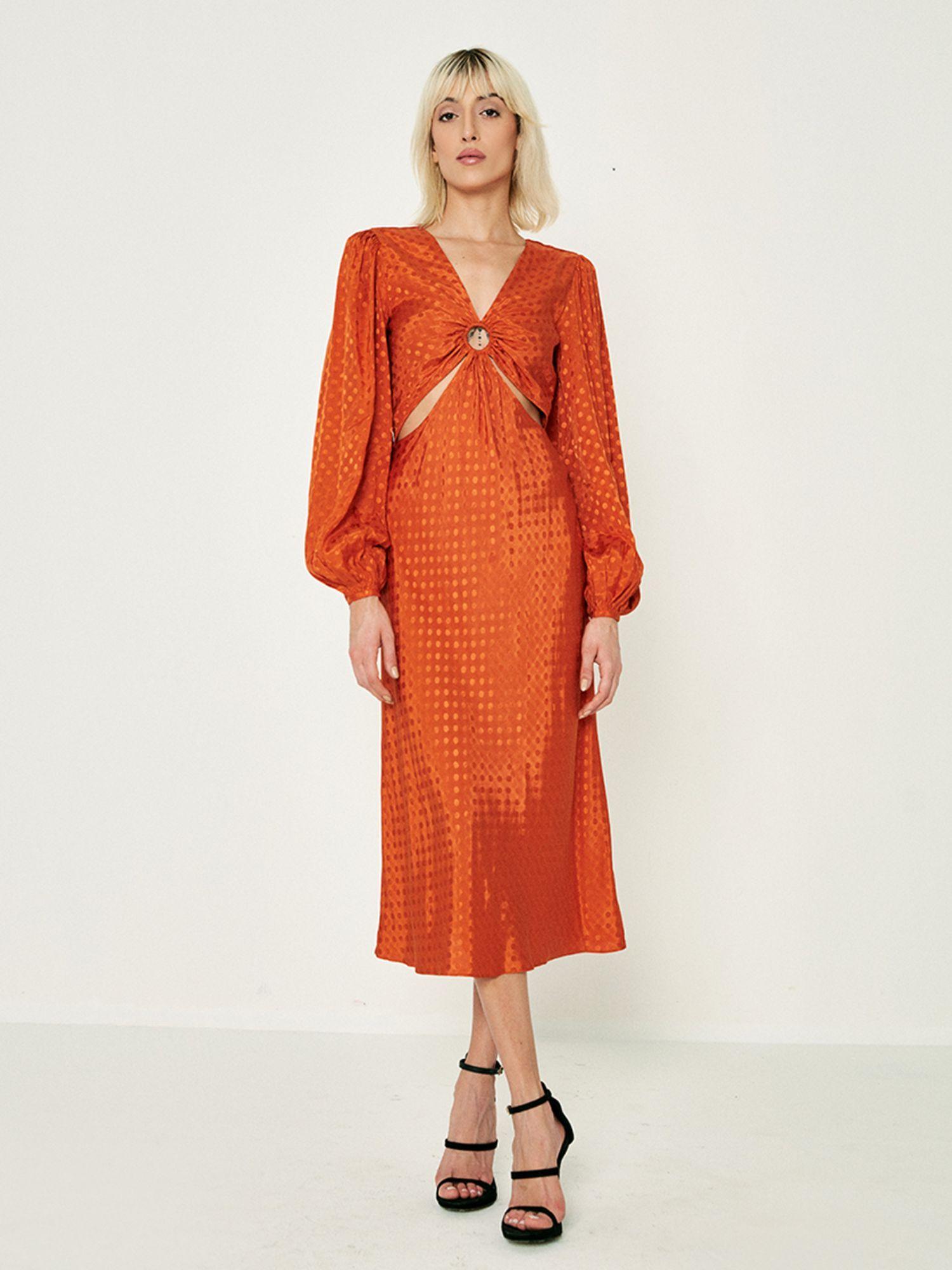 orange jacquard print maxi dress