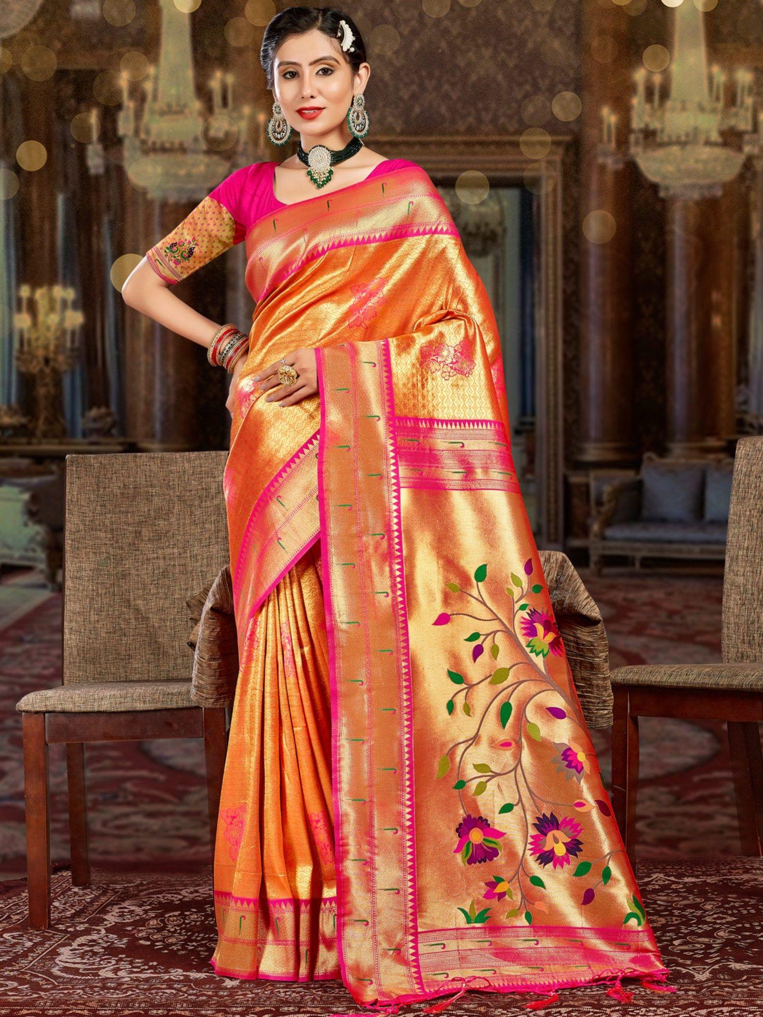 orange kanjivaram silk woven tassels work saree with unstitched blouse