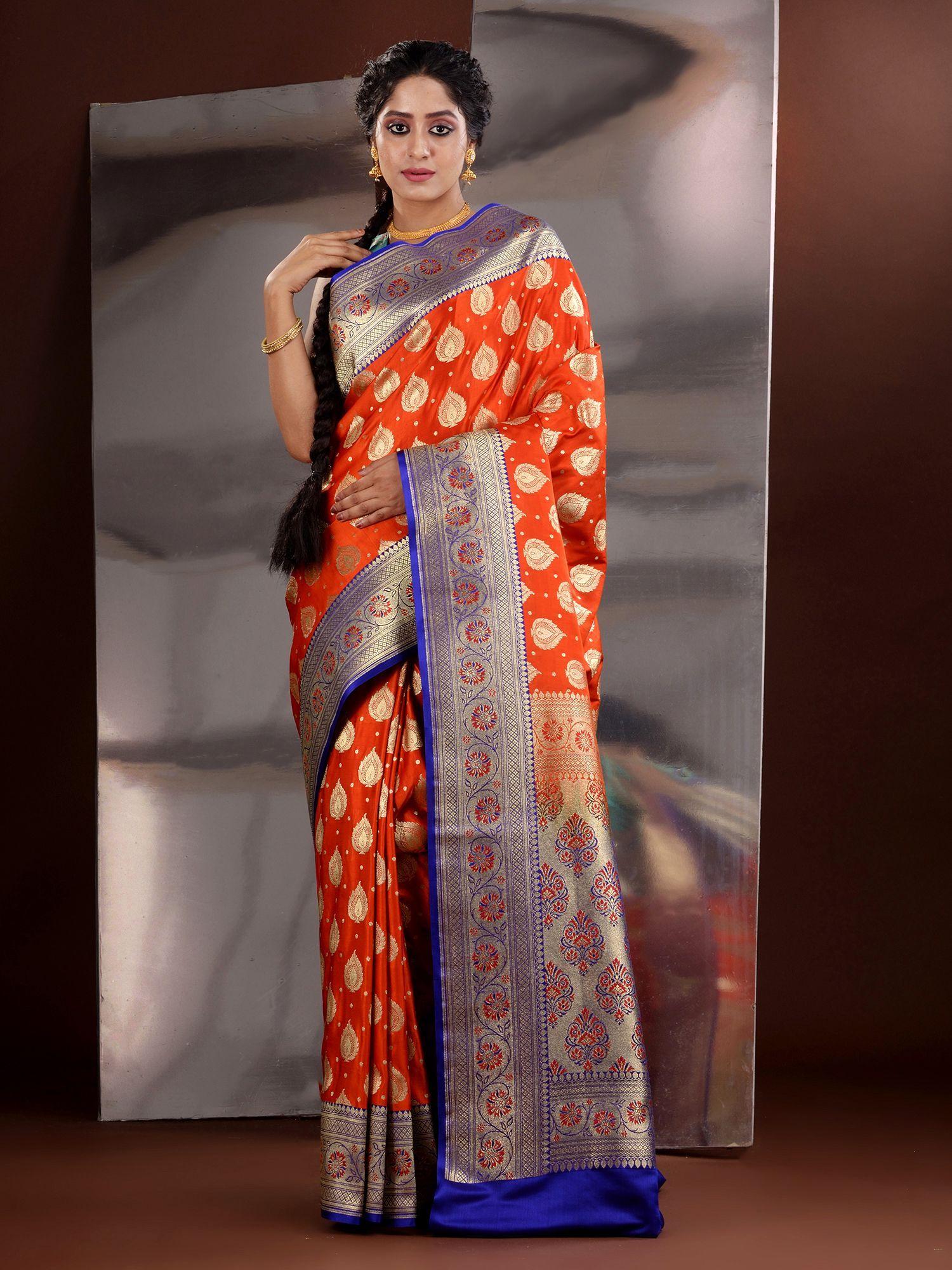 orange katan silk zari handwoven saree with unstitched blouse