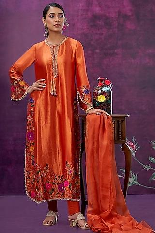 orange kora silk kurta set