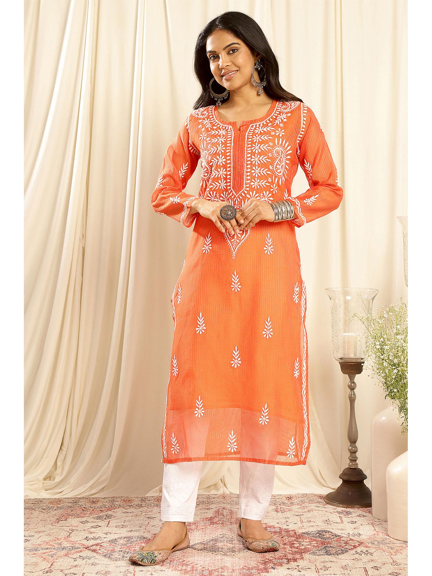 orange kota doria chikankari kurta with slip (set of 2)