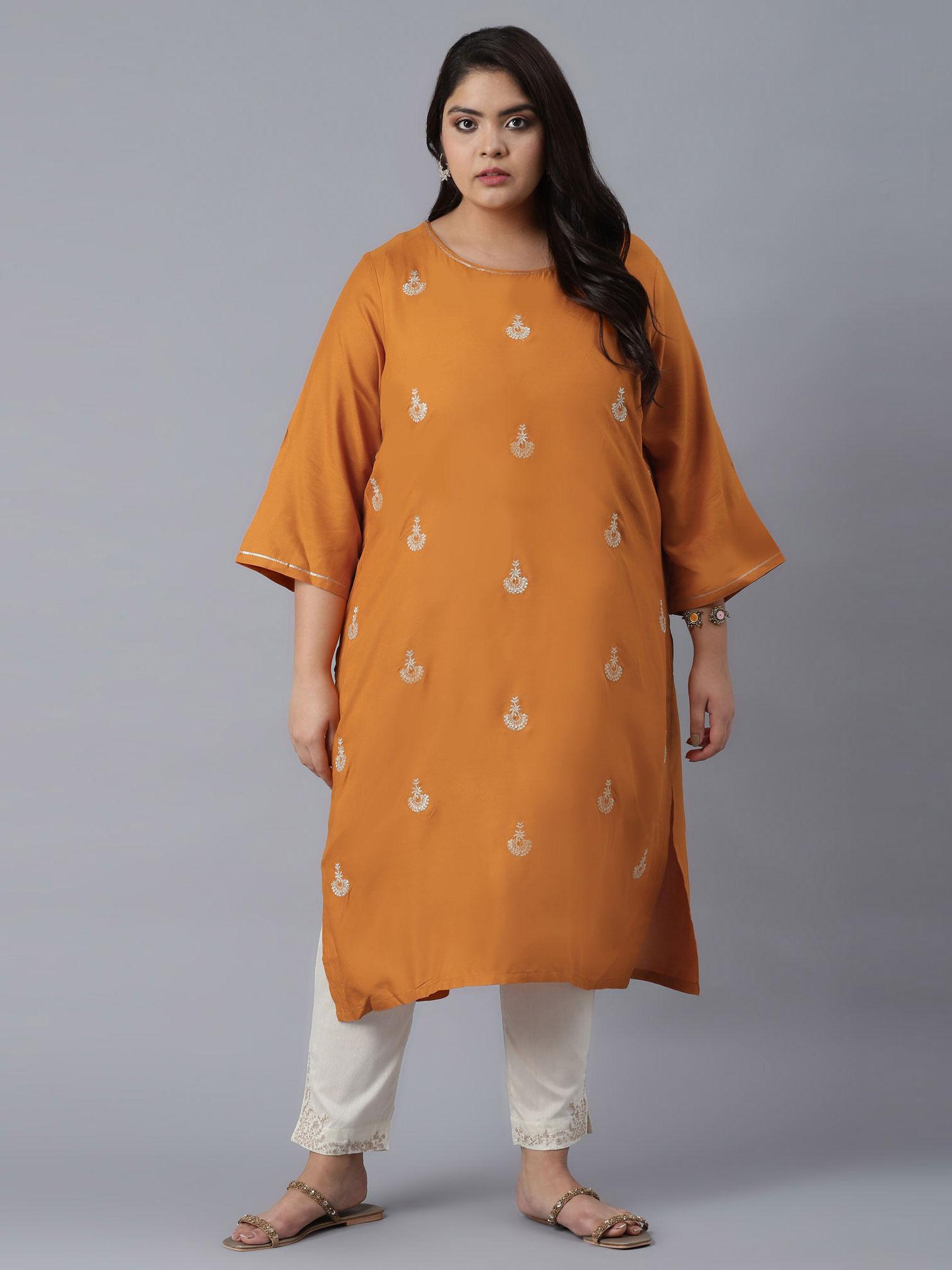 orange kurta ith buti embroidery