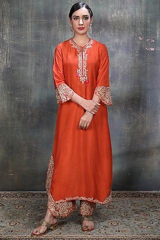 orange kurta set with embroidery